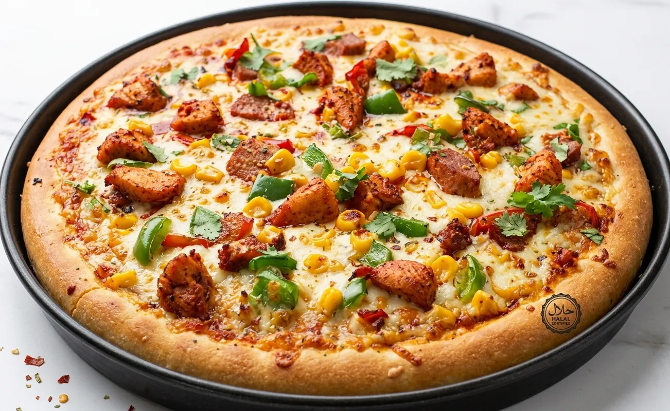 Halal Three-Topping Pizza at The Spice Affair Pizza & Restaurant in Calgary